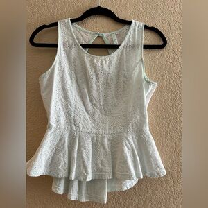 White & Teal Eyelet Lace HighLow Peplum Top Size L